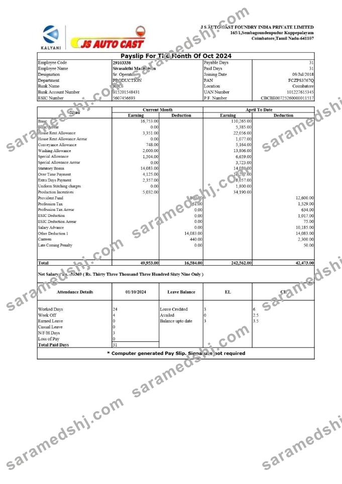 JS Auto Cast Foundry India payslip template in Word and PDF formats.pdf, 1